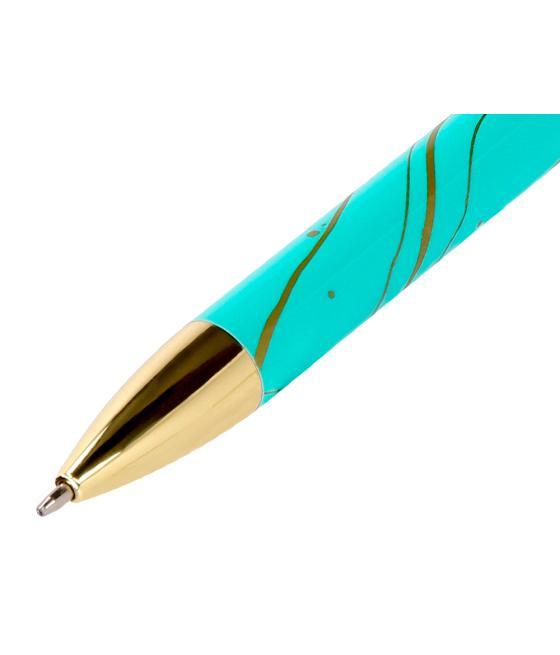 Bolígrafo belius aqua aluminio color turquesa y dorado tinta azul caja de diseño