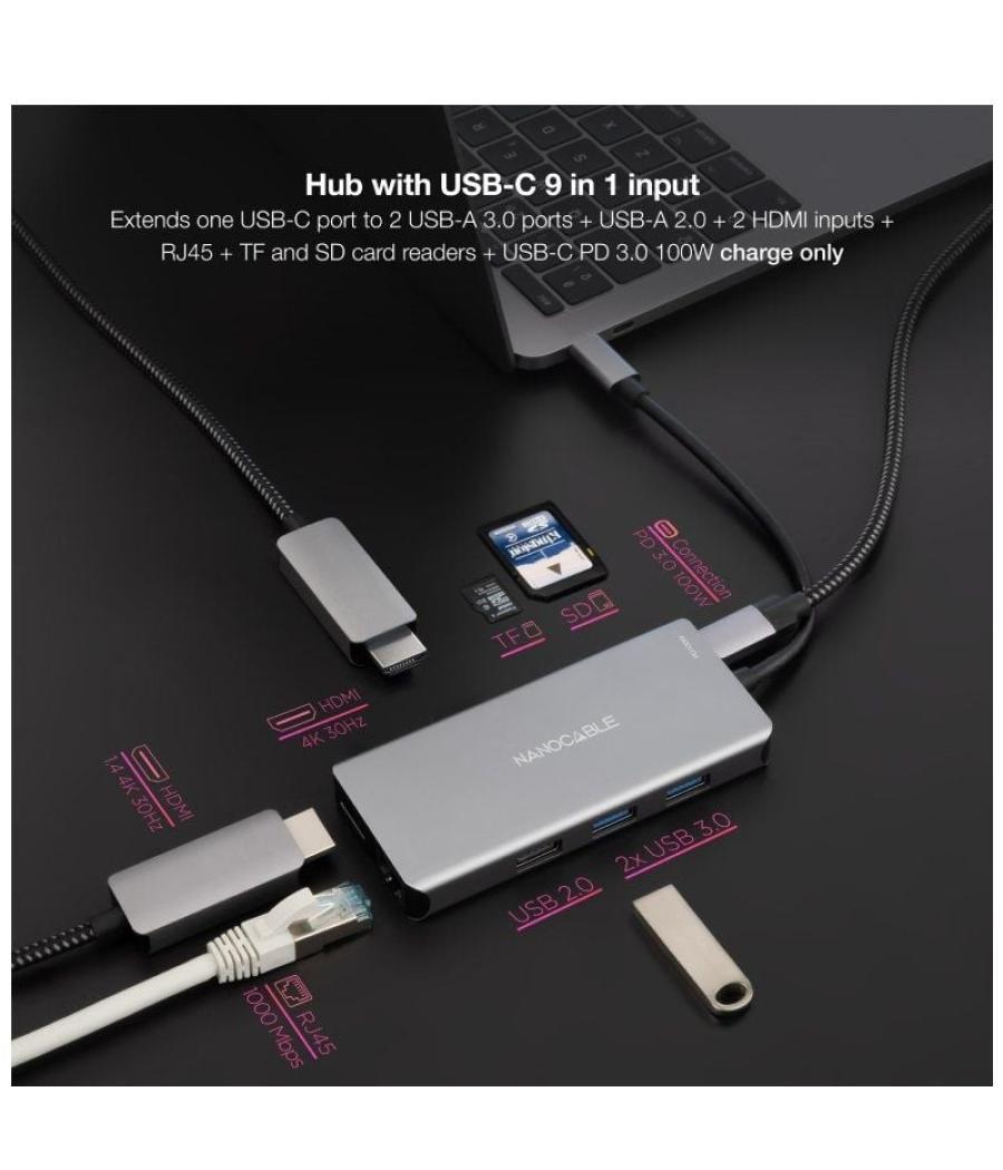 Docking tipo-c nanocable 10.16.1009/ 3xusb/ 2xhdmi 4k/ 1xrj45/ 1xlector tarjetas/ 1xusb tipo-c pd/ gris