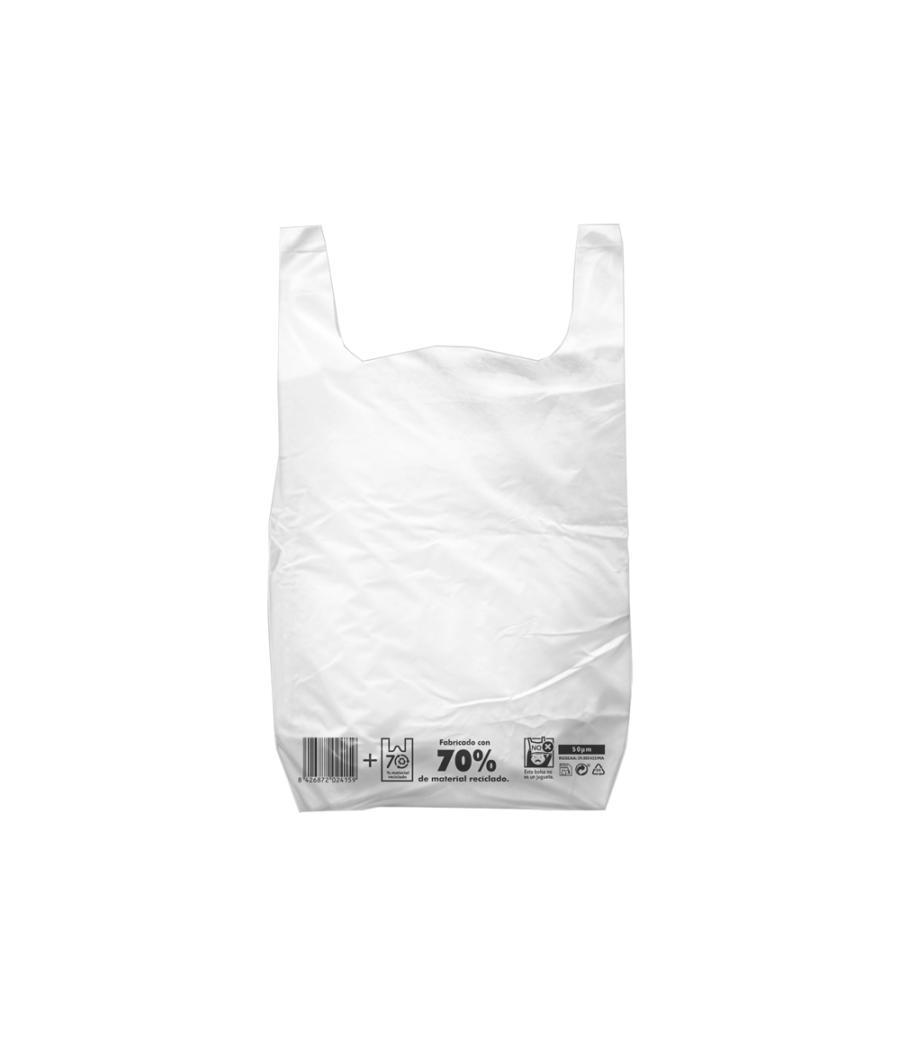 Bolsa camiseta reciclada 70% blanca 42x53 cm reutilizable 1 kg paquete de 55 unidades