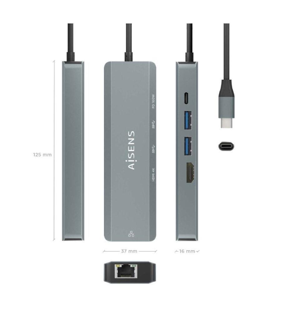 Docking usb tipo-c aisens asuc-5p011-gr/ 1xhdmi/ 2xusb/ 1xrj45/ 1xusb tipo-c/ 1xusb tipo-c pd/ gris