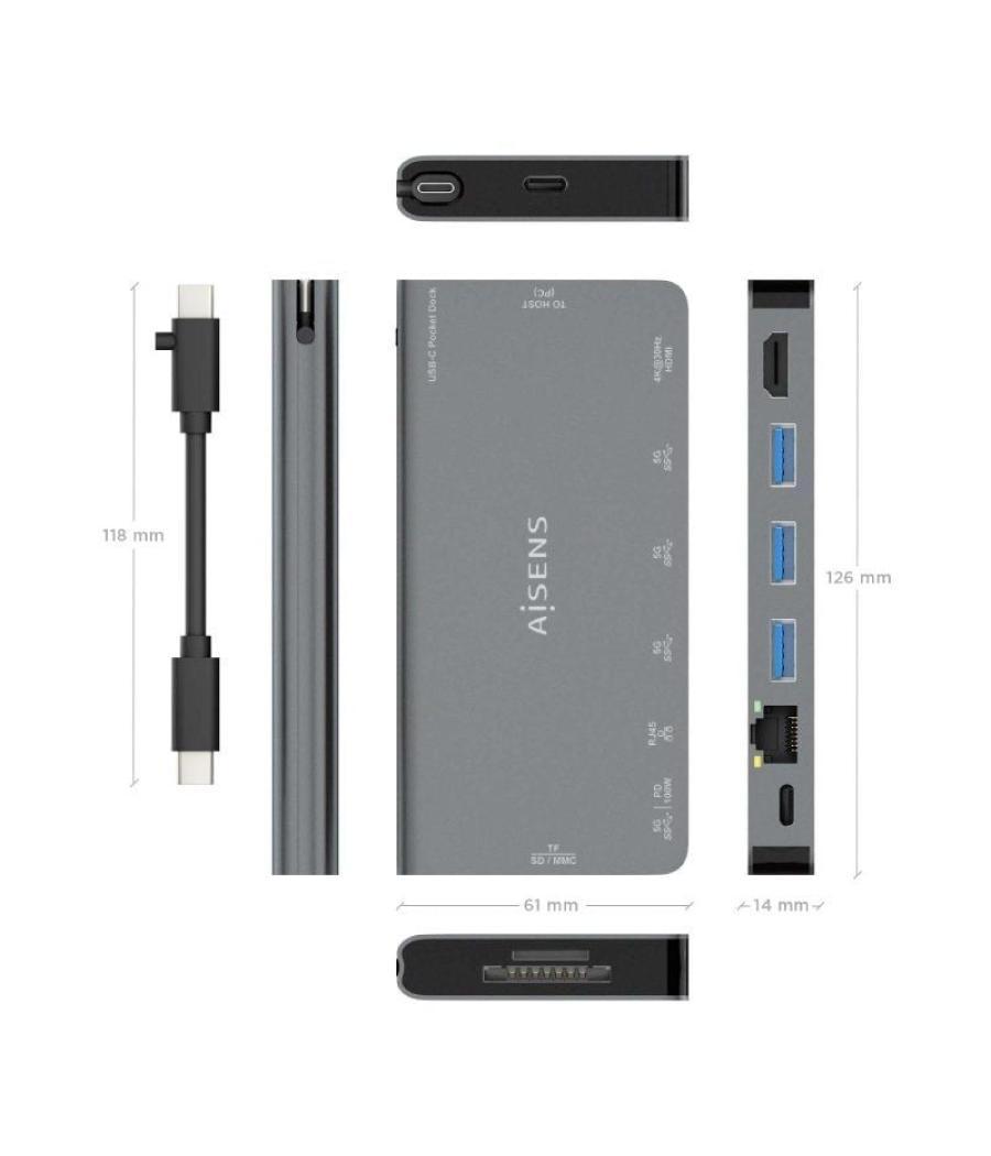 Docking usb tipo-c aisens asuc-8p015-gr/ 1xhdmi/ 3xusb/ 1xrj45/ 1xlector tarjetas / 1xusb tipo-c/ gris