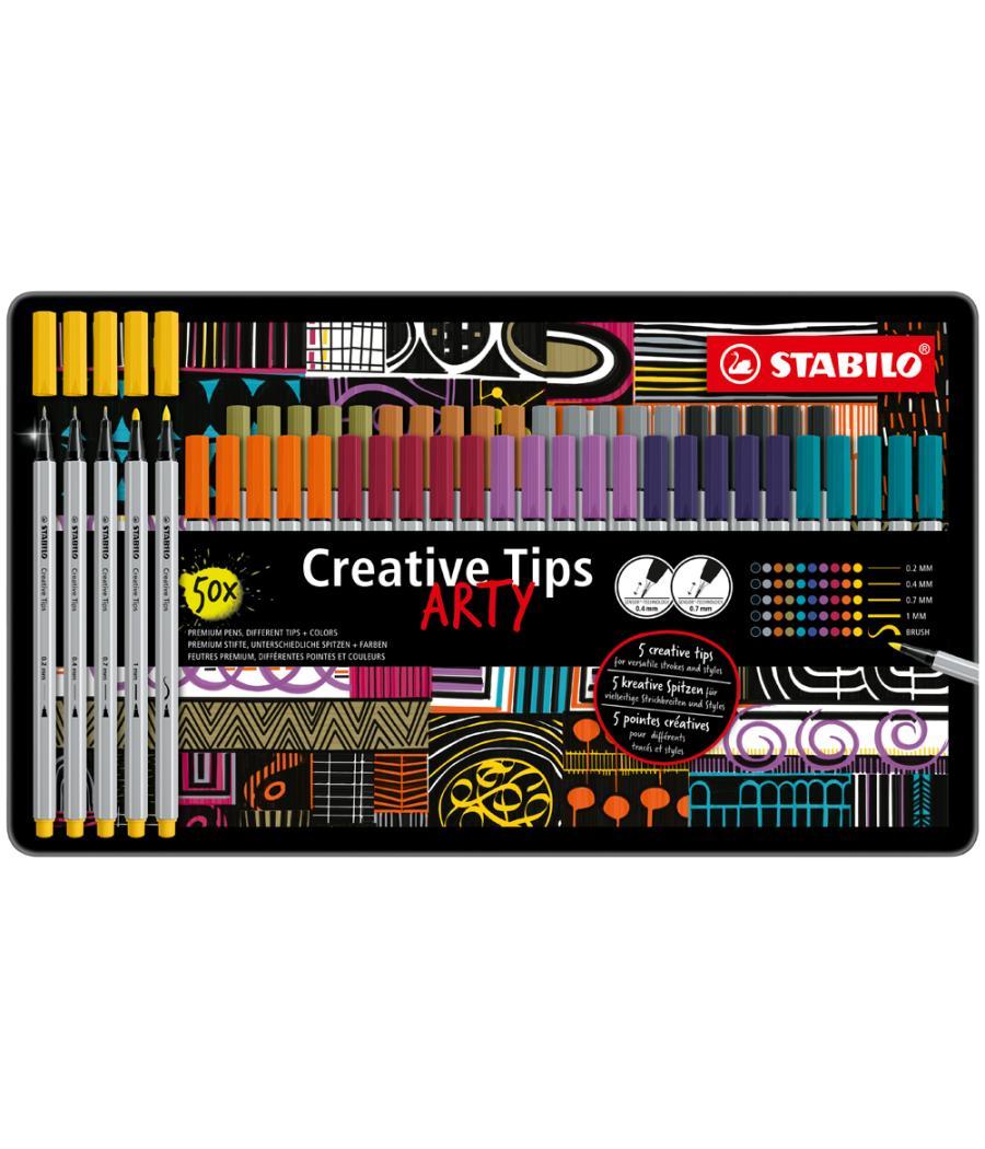 Rotulador stabilo creative tips arty line pastel 5 puntas diferentes por color estuche metélico de 30