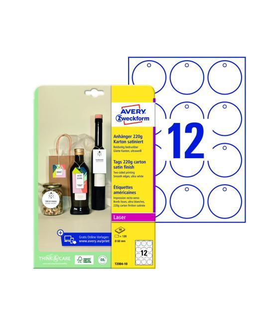 Etiqueta colgante avery blanca 60 mm diametro imprimible doble cara cartón 220 gr pack de 120 unidades