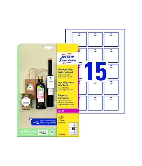 Etiqueta colgante avery blanca 50x50 mm imprimible doble cara cartón 220 gr pack de 150 unidades