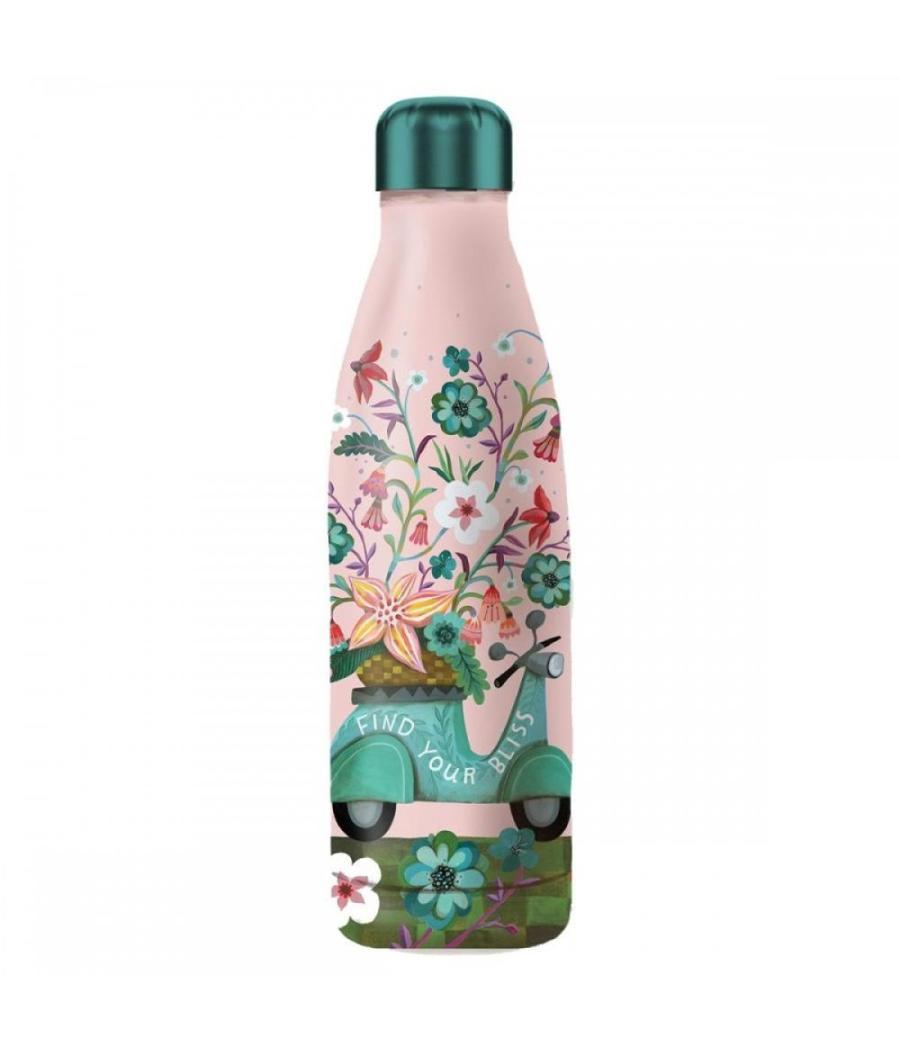 Botella isotermica enesco rosa estampado flores y moto