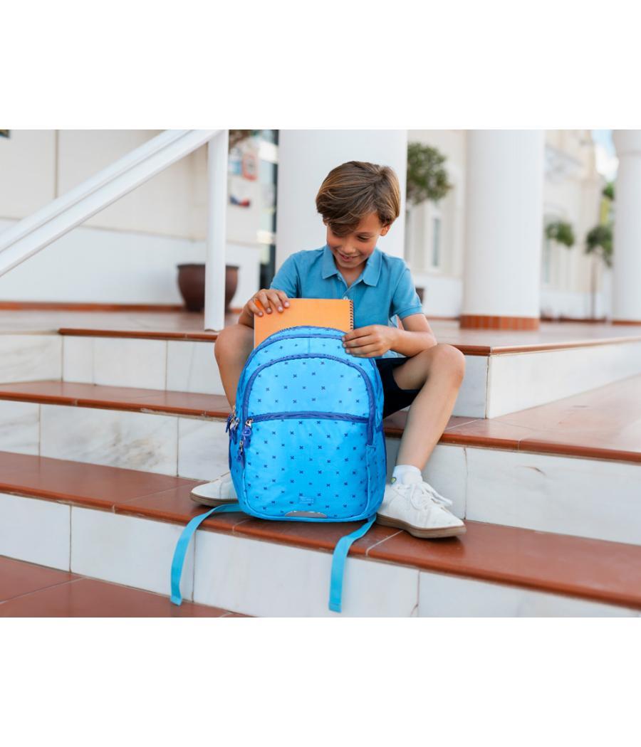 Cartera escolar liderpapel moc hila multibolsillo diseño azul 450x145x300 mm