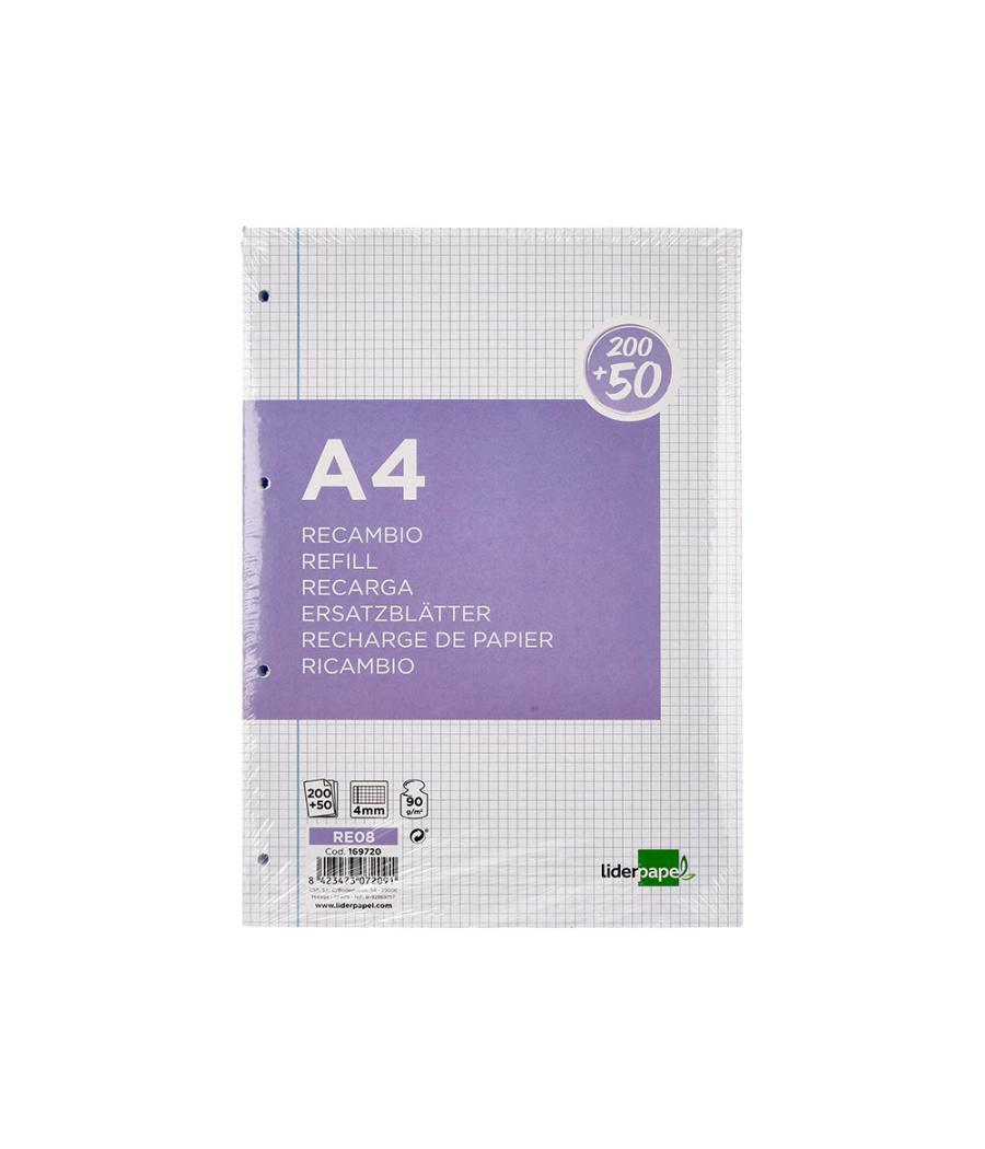 Recambio liderpapel a4 200+50 hojas 90g/m2 cuadro 4 mm con margen 4 taladros