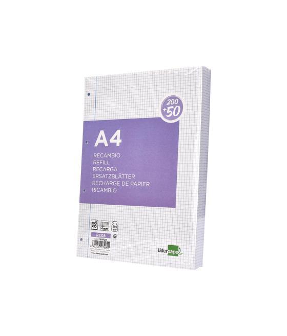 Recambio liderpapel a4 200+50 hojas 90g/m2 cuadro 4 mm con margen 4 taladros