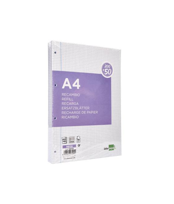 Recambio liderpapel a4 200+50 hojas 90g/m2 cuadro 4 mm con margen 4 taladros