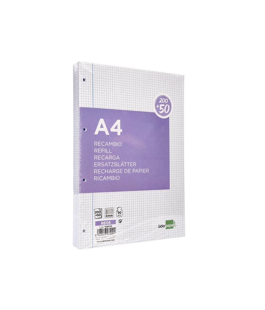 Recambio liderpapel a4 200+50 hojas 90g/m2 cuadro 4 mm con margen 4 taladros