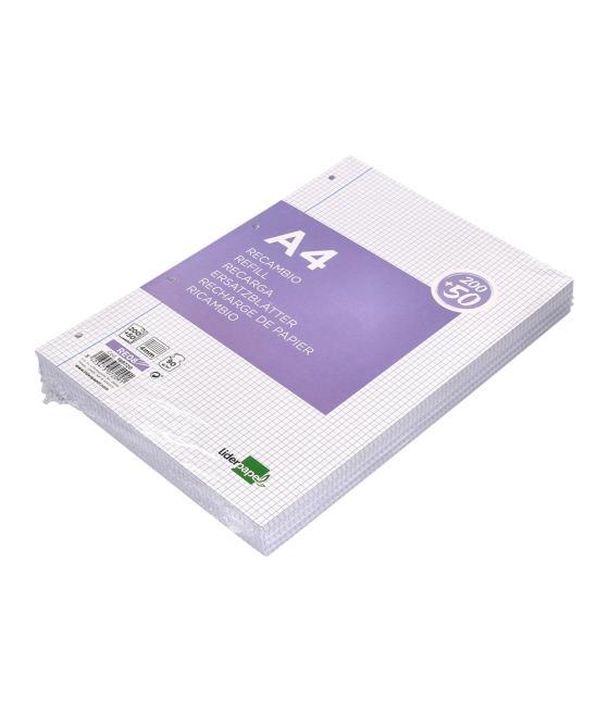 Recambio liderpapel a4 200+50 hojas 90g/m2 cuadro 4 mm con margen 4 taladros