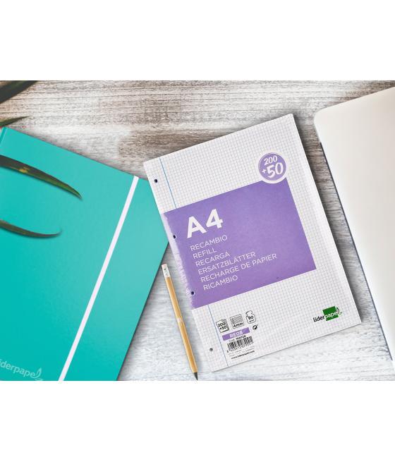 Recambio liderpapel a4 200+50 hojas 90g/m2 cuadro 4 mm con margen 4 taladros