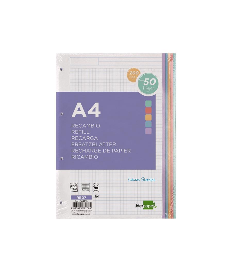 Recambio liderpapel a4 200+50 hojas 90g/m2 cuadro 5 mm 4 taladros bandas de 5 colores