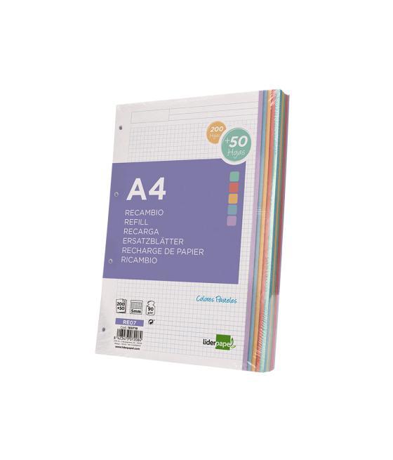 Recambio liderpapel a4 200+50 hojas 90g/m2 cuadro 5 mm 4 taladros bandas de 5 colores