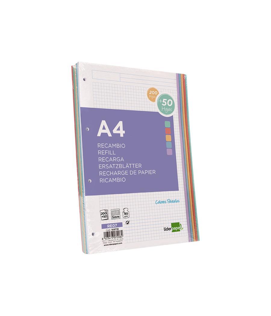 Recambio liderpapel a4 200+50 hojas 90g/m2 cuadro 5 mm 4 taladros bandas de 5 colores