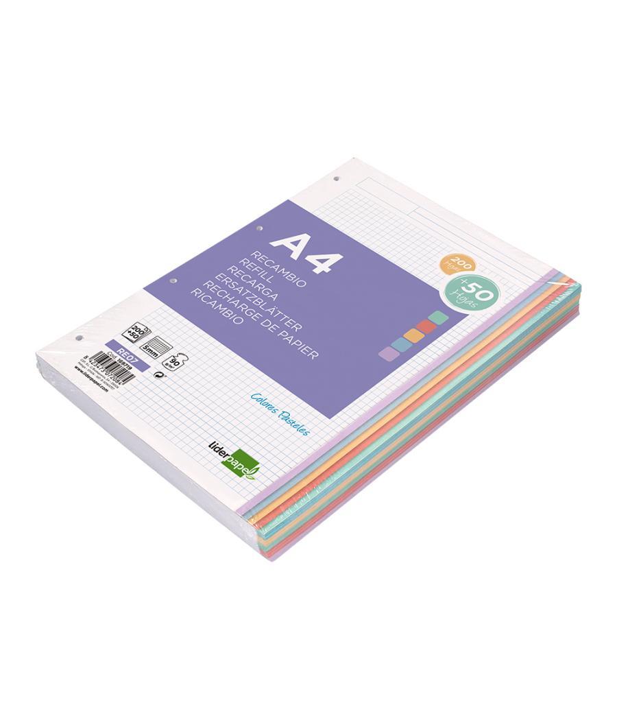 Recambio liderpapel a4 200+50 hojas 90g/m2 cuadro 5 mm 4 taladros bandas de 5 colores