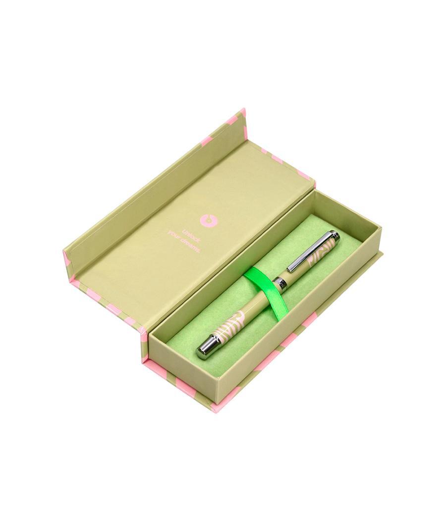 Roller belius ink dreams aluminio color verde matcha y rosa plateado frase interior tinta negra caja de diseño