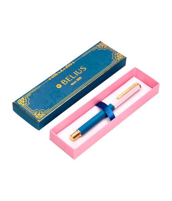 Bolígrafo belius macaron bliss forma hexagonal color rosa/ azul y dorado tinta azul caja de diseño