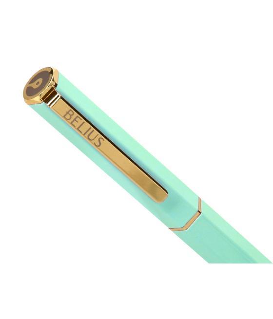Bolígrafo belius macaron bliss forma hexagonal color verde dorado tinta azul caja de diseño