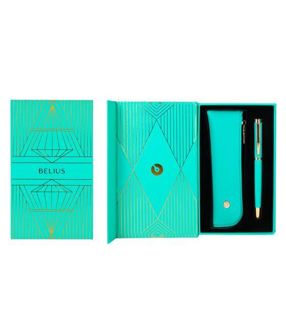 Pluma y estuche belius soiree color art deco turquesa dorado tinta azul caja de diseño