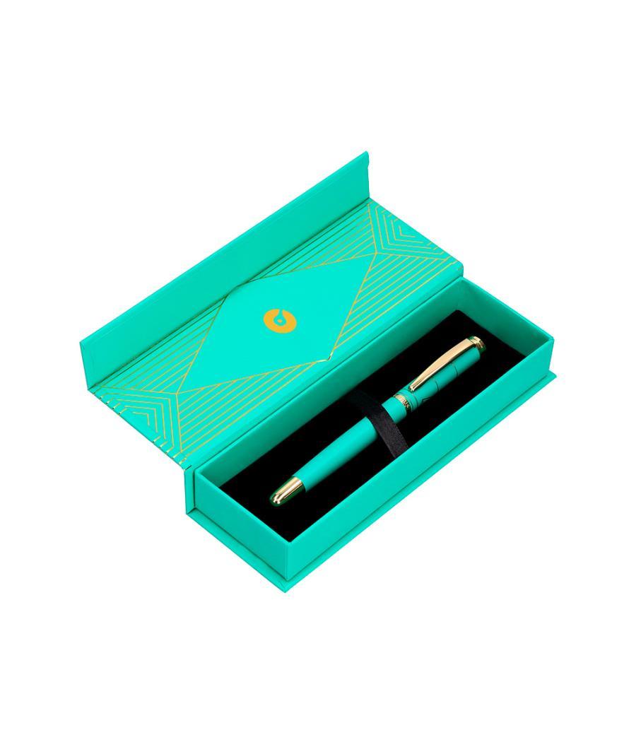 Bolígrafo belius soiree aluminio color art deco turquesa y dorado tinta azul caja de diseño