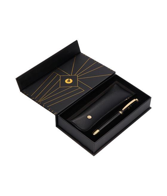 Pluma y estuche belius soiree color art deco negro y dorado tinta azul caja de diseño