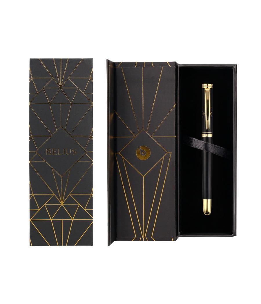 Bolígrafo belius soiree aluminio color art deco negro y dorado tinta azul caja de diseño