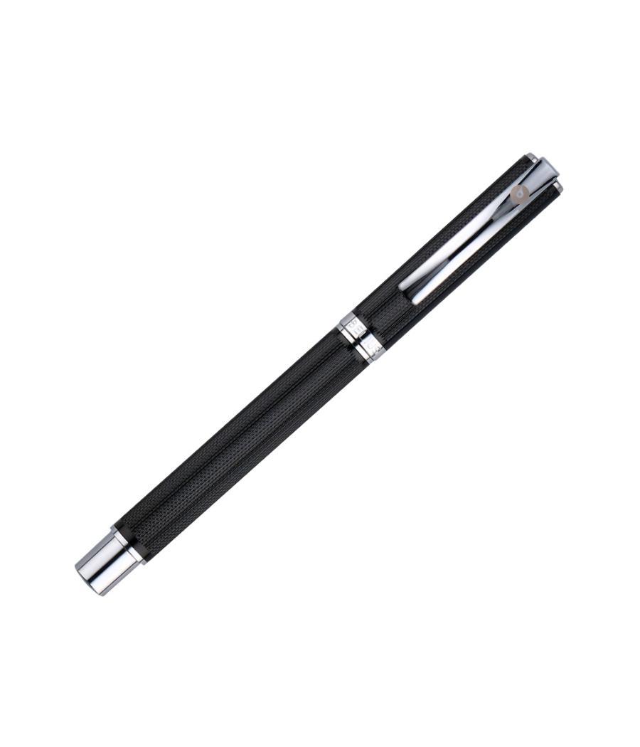 Bolígrafo belius turbo aluminio textura punteada color negro y plateado tinta azul caja de diseño