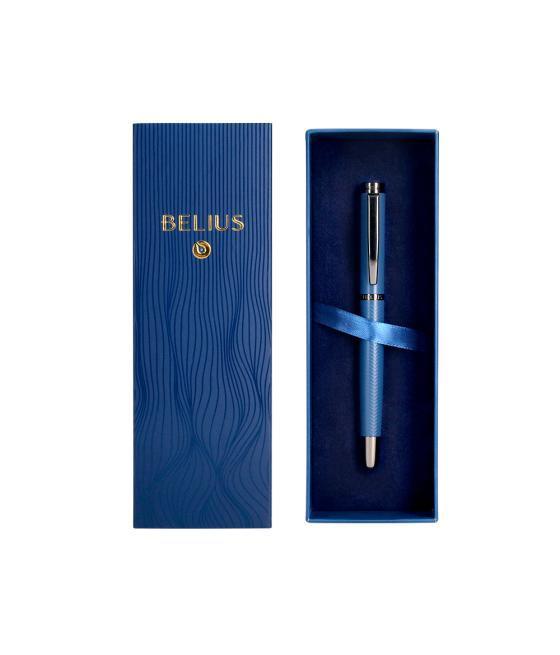 Bolígrafo belius neptuno aluminio textura wavy color azul marino tinta azul caja de diseño