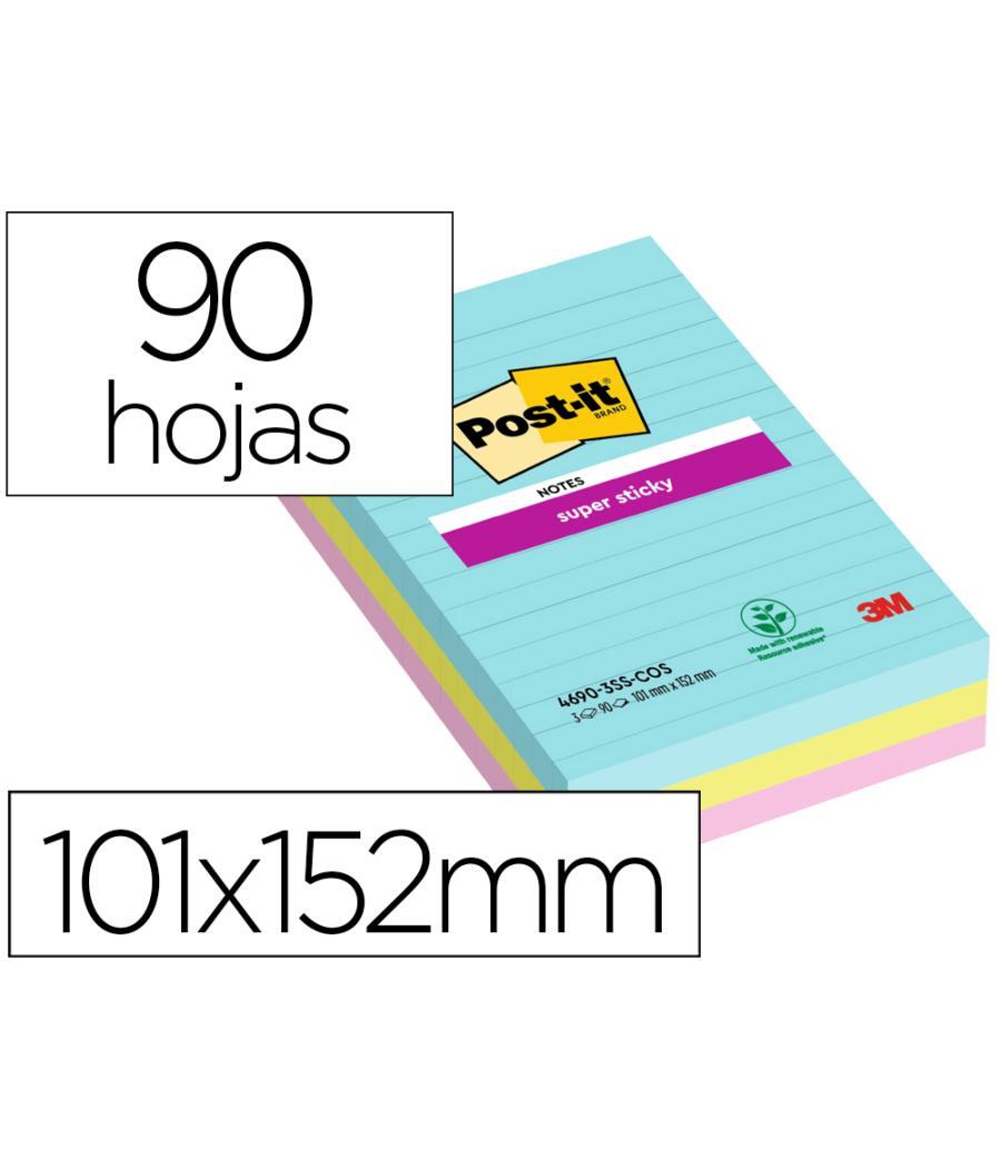 Bloc de notas adhesivas quita y pon post-it super sticky cosmic rayado 90 hojas 101x152 mm paquete de 3 unidades