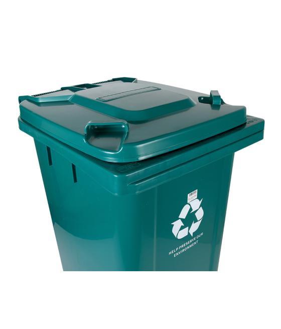 Papelera contenedor q-connect plástico con tapadera y ruedas 240 litros verde 1040x620x610 mm