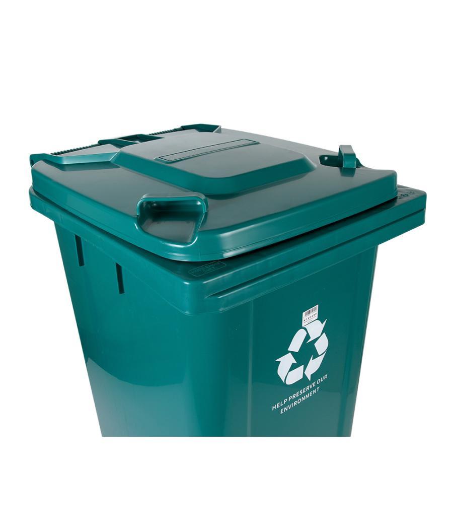 Papelera contenedor q-connect plástico con tapadera y ruedas 240 litros verde 1040x620x610 mm