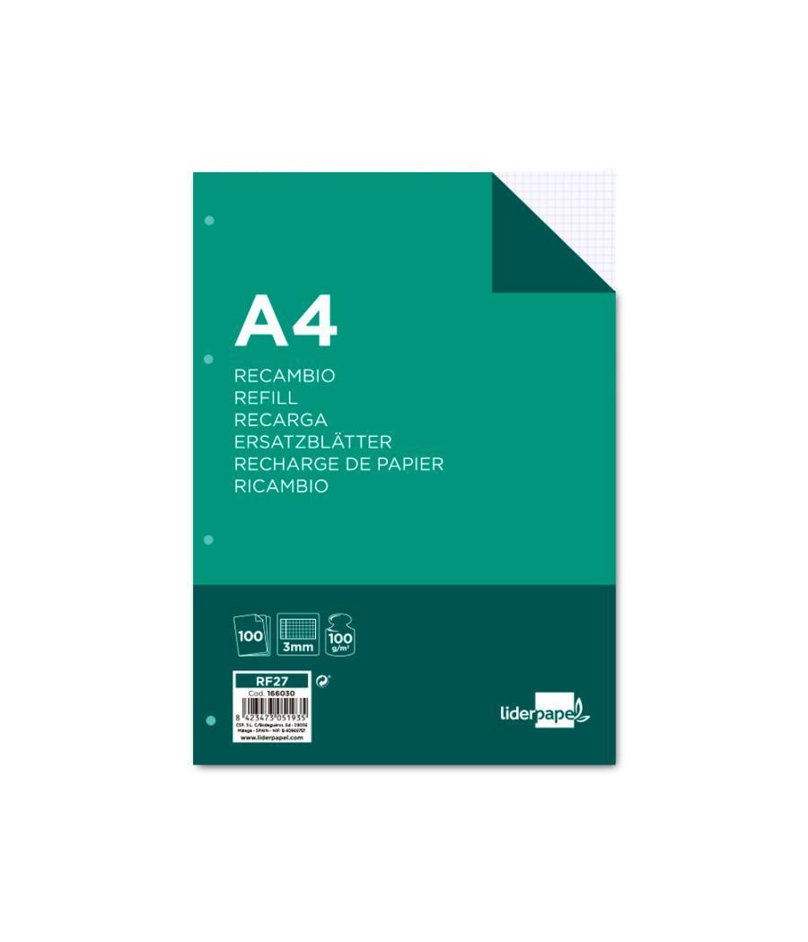 Recambio liderpapel a4 100 hojas 100g/m2 cuadro 3mm con margen 4 taladros