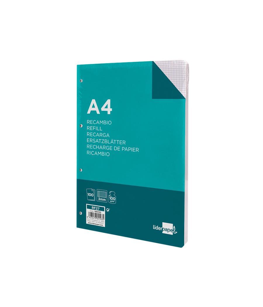 Recambio liderpapel a4 100 hojas 100g/m2 cuadro 3mm con margen 4 taladros