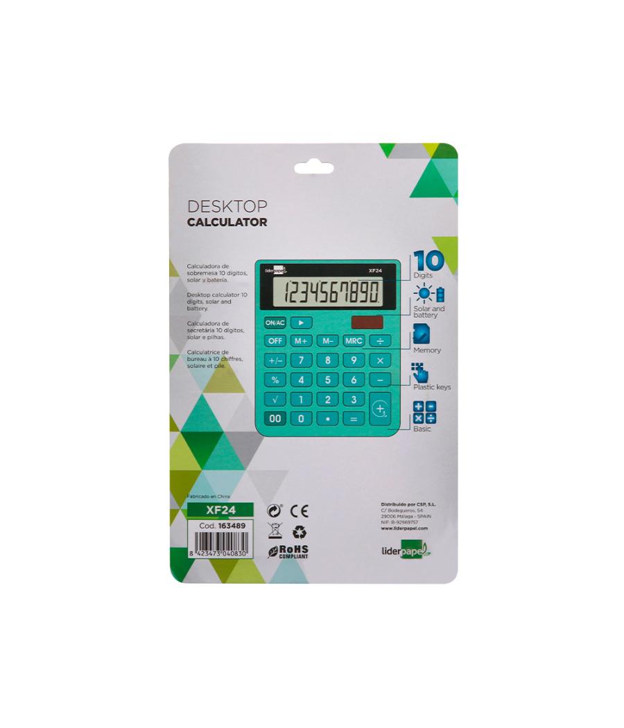 Calculadora liderpapel sobremesa xf24 10 dígitos solar y pilas color verde 127x105x24 mm
