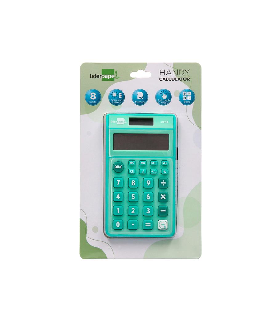 Calculadora liderpapel bolsillo xf13 8 dígitos solar y pilas color verde 115x65x8 mm