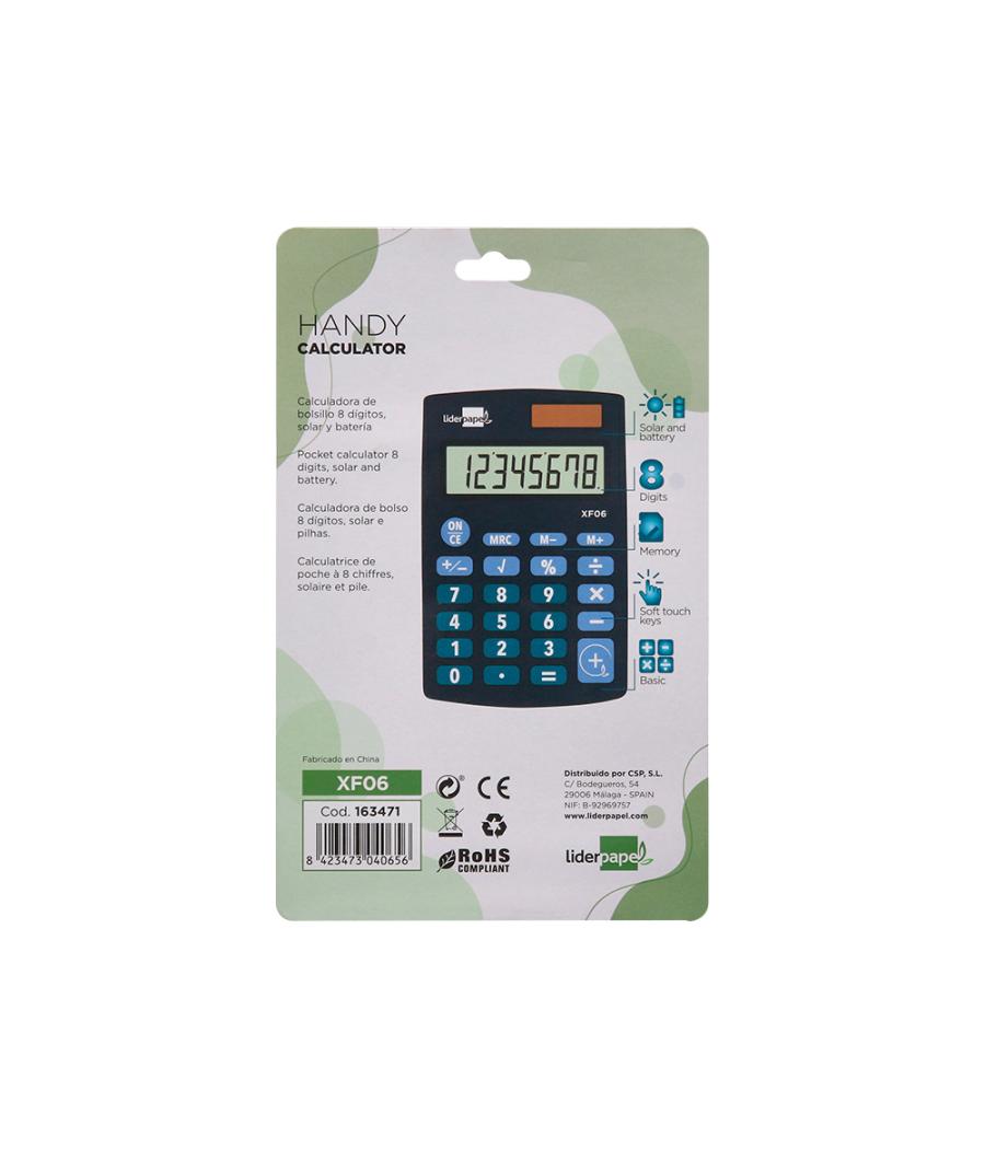 Calculadora liderpapel bolsillo xf06 8 dígitos solar y pilas color azul 98x62x8 mm
