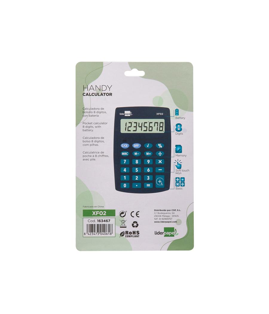 Calculadora liderpapel bolsillo xf02 8 dígitos pilas color azul 99x64x9 mm