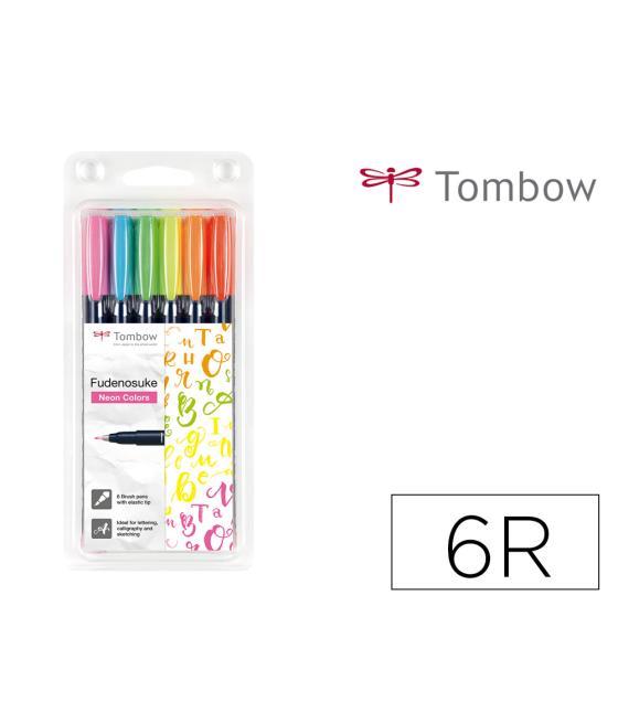 Rotulador tombow fudenosuke tinta base de agua punta pincel dura estuche de 6 unidades colores neon