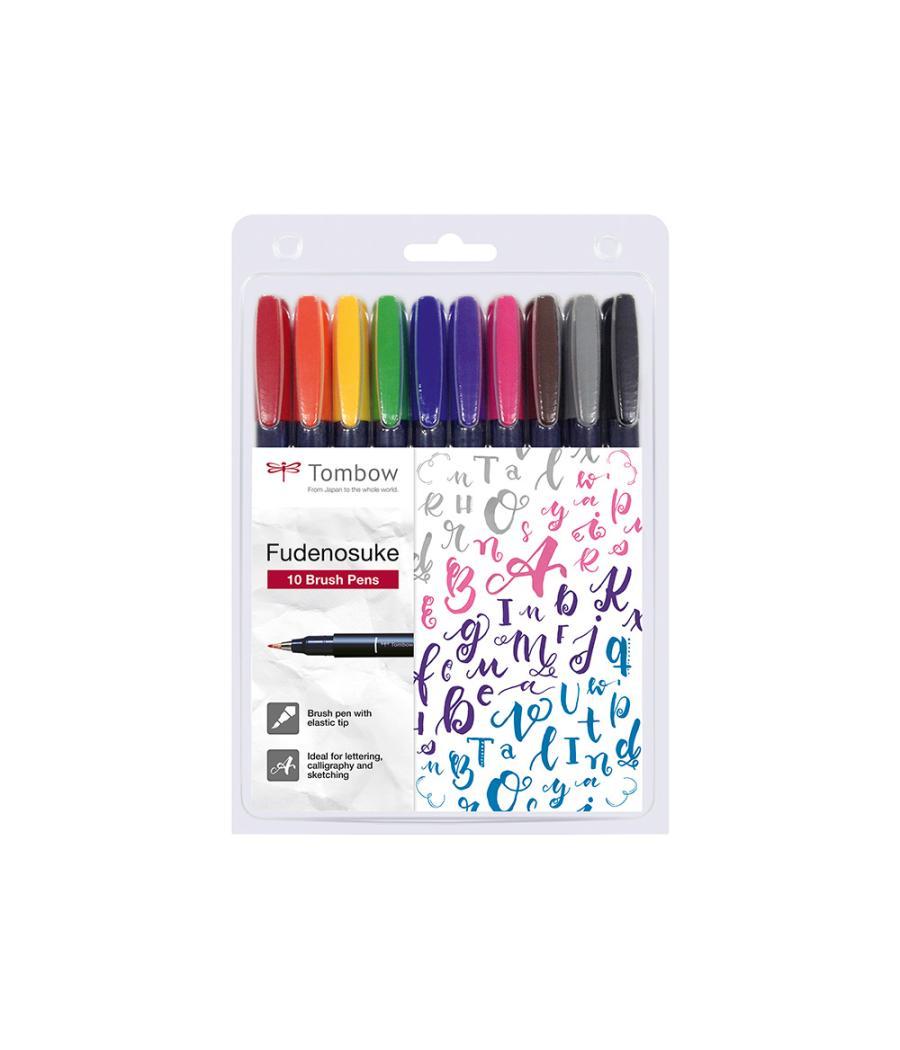 Rotulador tombow fudenosuke tinta base de agua punta pincel dura estuche de 10 unidades colores surtidos