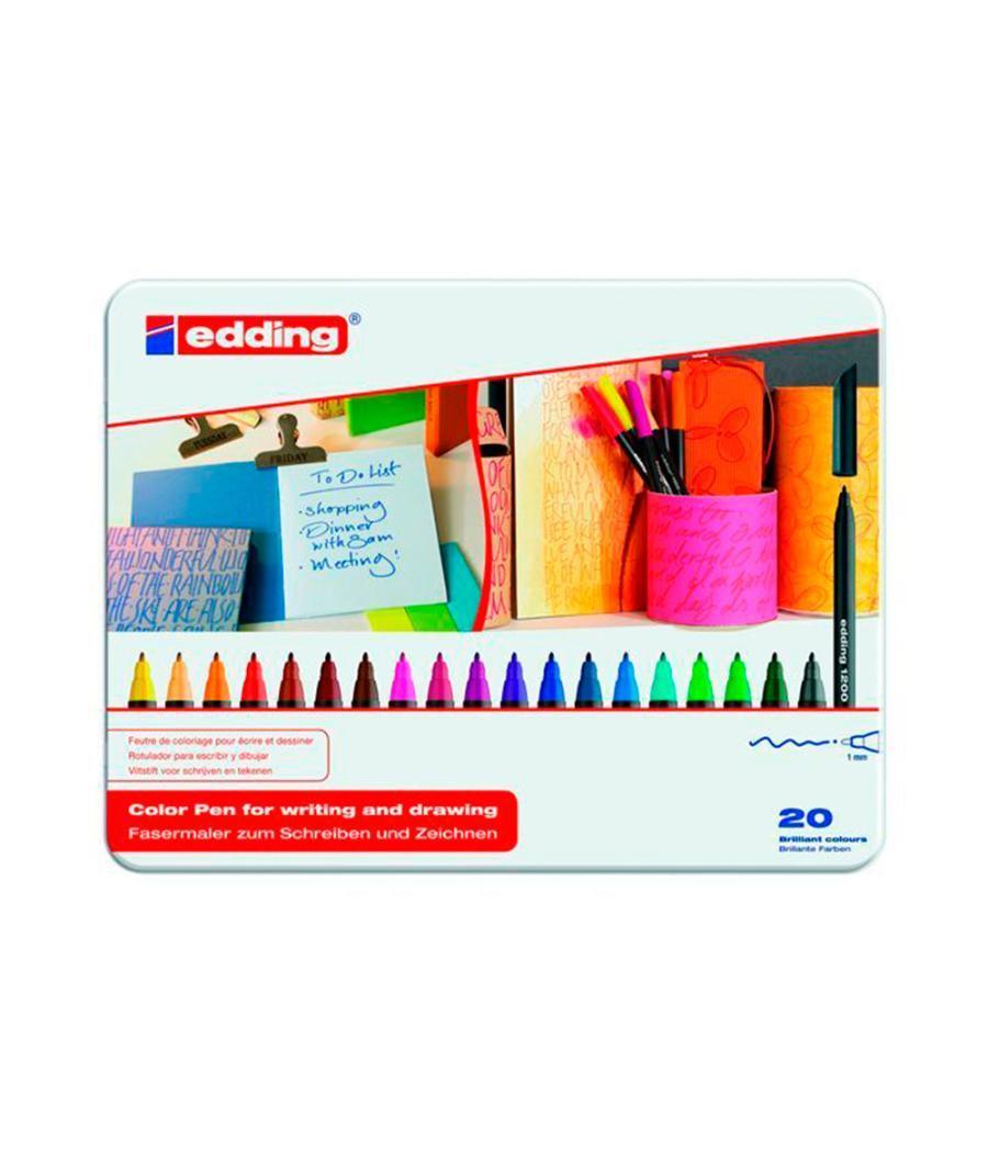 Rotulador edding punta fibra 1200 caja metálica 20 colores surtidos exp.8 unidades + 8 blister 4 edding 1340 regalo