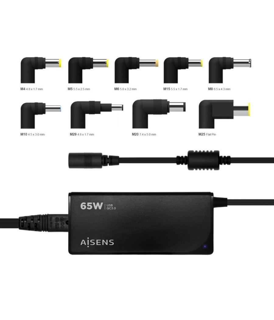 Aisens cargador universal multitension para portatil 65w automatico con 9 conectores + usb-a qc.3.0