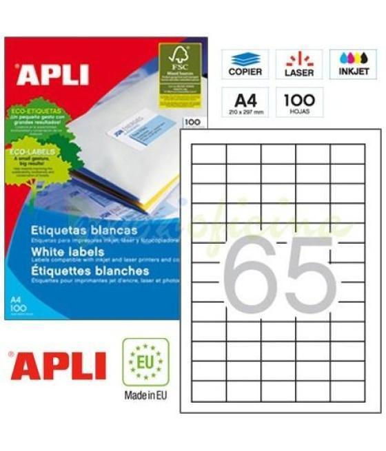 Apli etiquetas adhesivas 38x21,2mm inkjet/láser c/rectos 65 x 100h blanco