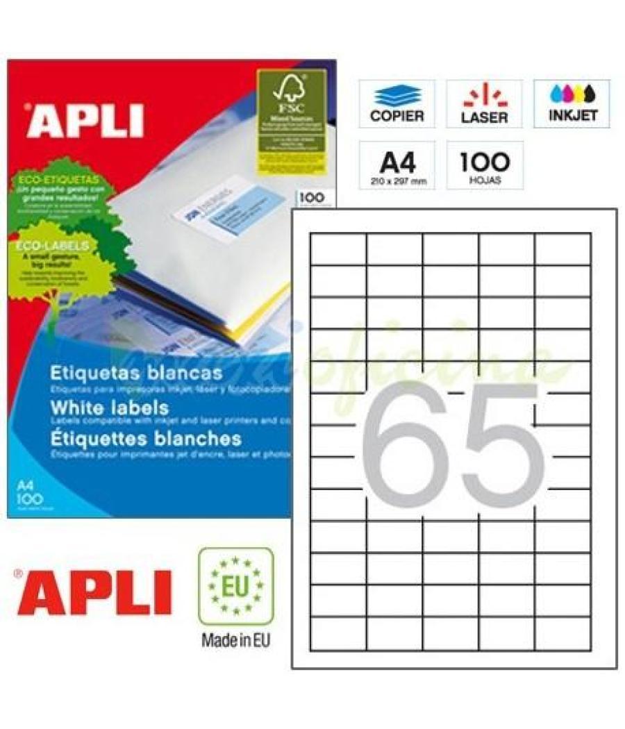 Apli etiquetas adhesivas 38x21,2mm inkjet/láser c/rectos 65 x 100h blanco