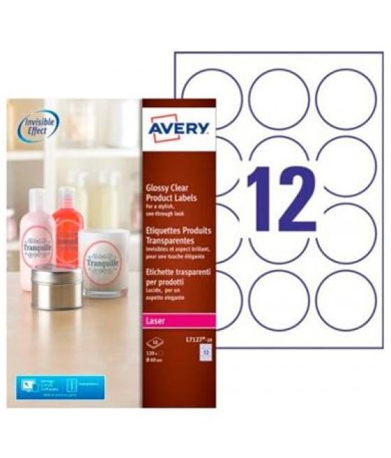 Avery etiquetas adhesivas circulares ø60mm láser 12 x 10h transparente brillante
