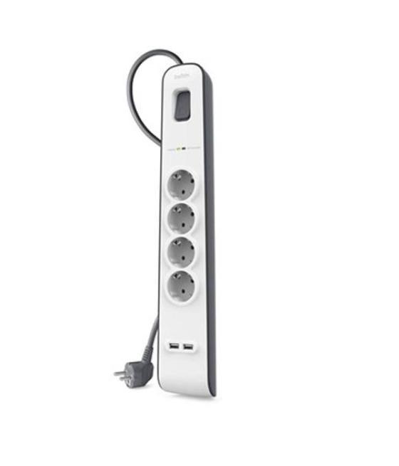 Belkin regleta de proteccion contra sobretensiones con 4 tomas   2 puertos usb botón de apagado y encendido 2 metros blanco/gris