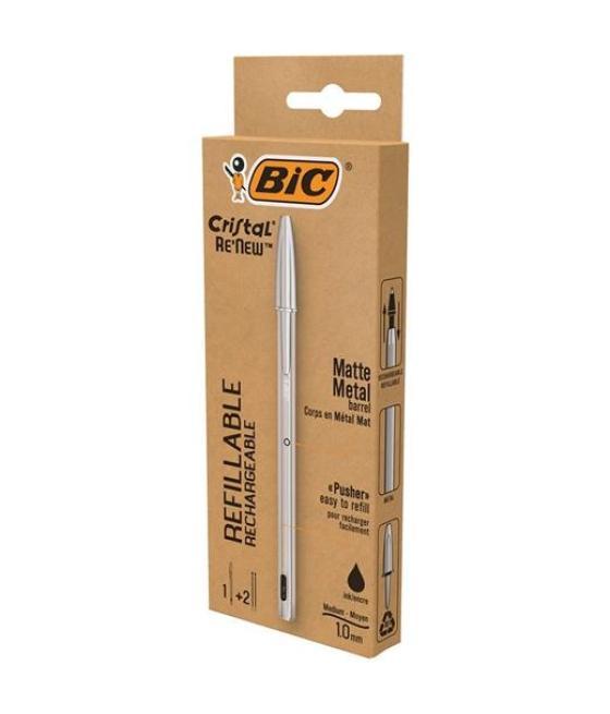 Bic bolígrafo cristal re-new blíster de 1+2 recargas tinta negra color plata