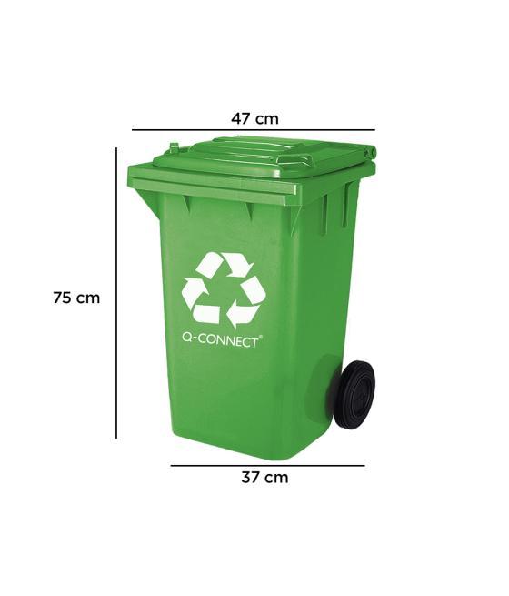 Papelera contenedor q-connect plástico verde para envases de vidrio 100l con tapa y ruedas 750x470x370 mm