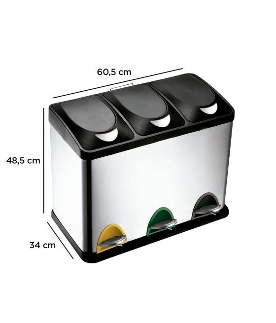 Papelera contenedor q-connect metálica con tapadera de plástico y pedal 3 depósitos 45l 605x340x485 mm