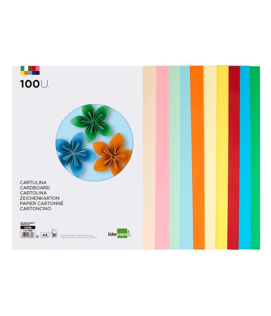 Cartulina liderpapel a3 180g/m2 10 colores surtidos paquete 100 hojas